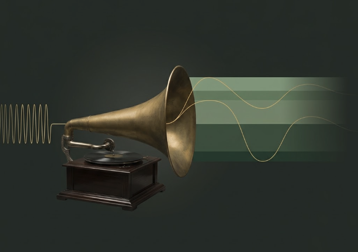 A brass gramophone on a dark green background, with a yellow sine wave entering its horn and emerging as a distorted, lower-frequency wave across muted green bands.